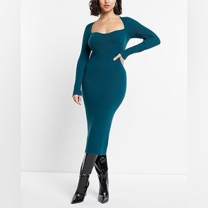 Sweetheart Neckline Ribbed Midi Sweater Dress